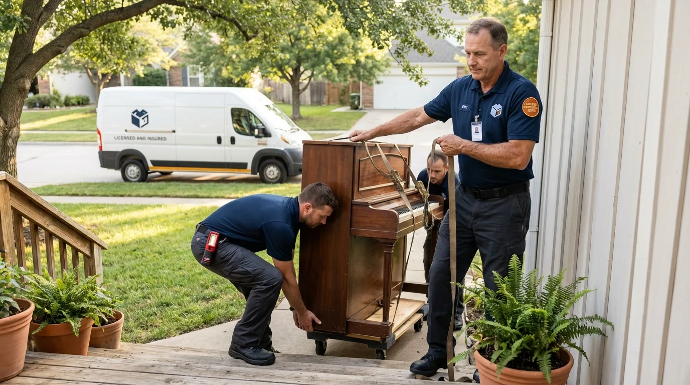 Licensed piano movers securing grand piano in Shasta, CA