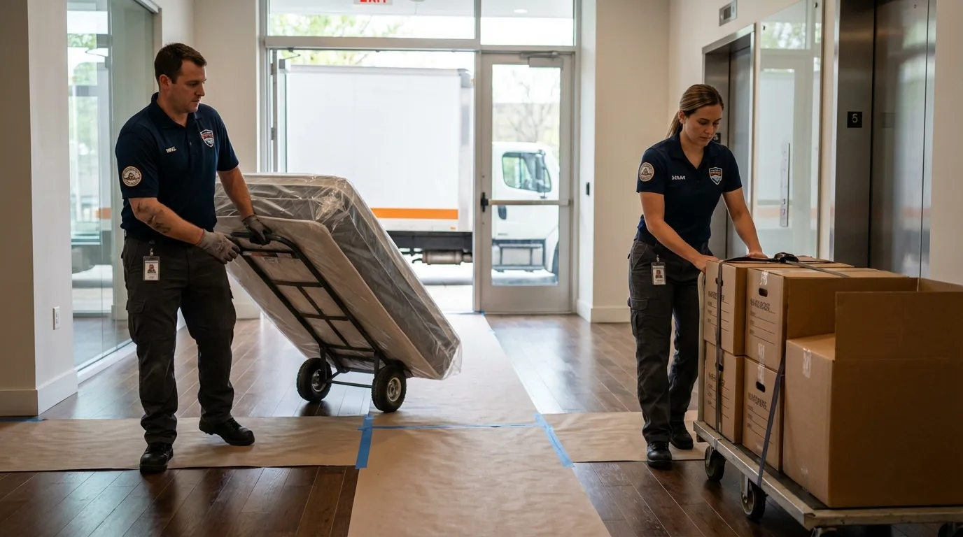 Professional apartment movers loading elevator in Shasta, CA